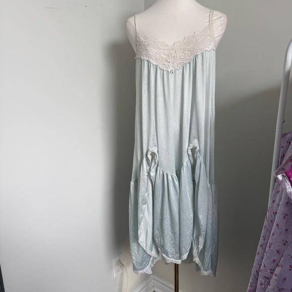Vintage satin lace slip dress pastel blue babydoll nightgown coquette fairy XL - Picture 2 of 13